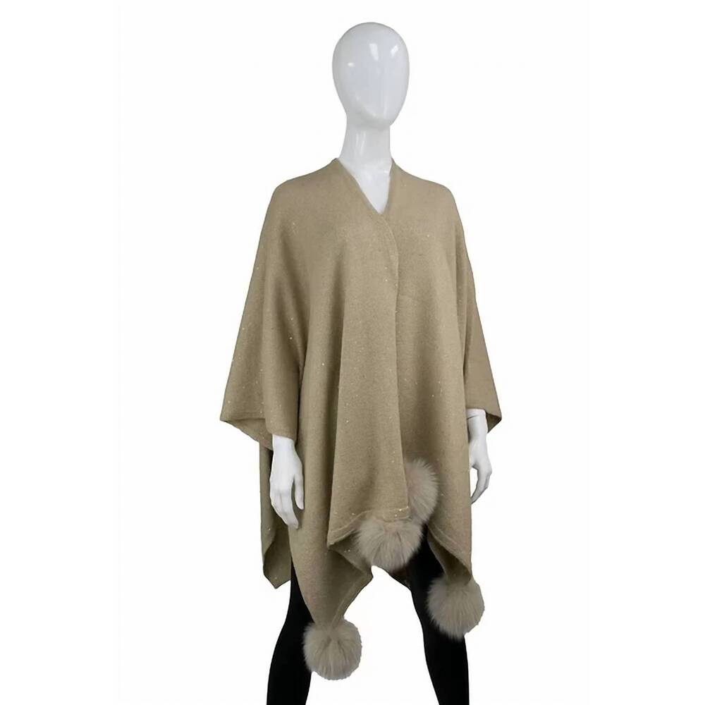 NEW MITCHIE'S MATCHINGS women's knit wrap with sequin sparkles and fox pompoms i